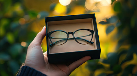 Hand holding an open eyeglasses box outdoors with natural sunlight, emphasizing lifestyle and practicalityの素材