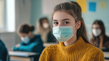 Female student wearing a hygienic mask in a classroom, focused on learning while practicing safetyの素材