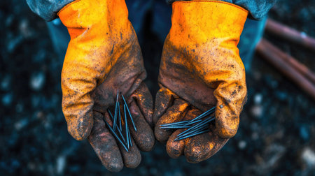 Gloved hands holding construction nails, with orange rubber palms visible against a dark industrial backgroundの素材