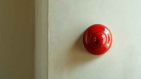 Emergency fire alarm button in sharp focus against a neutral wall background, symbolizing readiness and safetyの素材