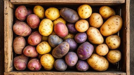 Farmer's crate filled with a rich harvest of multicolored and earthy russet, yellow, and purple potatoesの素材