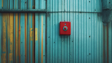 Industrial setting with a red fire alarm button mounted on a painted metal wall, emphasizing workplace safetyの素材