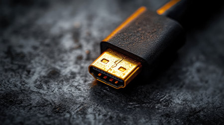 Macro shot of a USB connector tip on a textured gray background, capturing detail and metallic reflectionsの素材