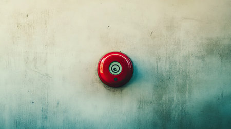 Emergency fire alarm button in sharp focus against a neutral wall background, symbolizing readiness and safetyの素材