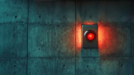 Red fire alarm button on a textured concrete wall, highlighted by soft lighting to emphasize safety equipmentの素材