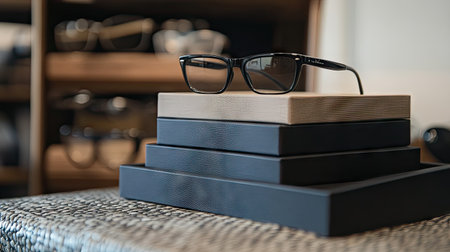 Multiple eyeglasses boxes stacked on a textured surface, showcasing variety and storage organizationの素材