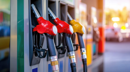 Fuel pump nozzles hanging neatly on their holders at a bright and clean gas station during daytimeの素材