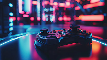Joystick controller resting on a futuristic table with dramatic lighting, perfect for retro gaming or flight simulator themesの素材