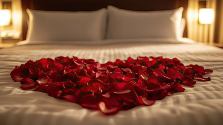 Heart-shaped rose petal arrangement on a luxurious hotel bed, ideal for wedding night or anniversary visualsの素材