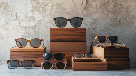 Multiple eyeglasses boxes stacked on a textured surface, showcasing variety and storage organizationの素材