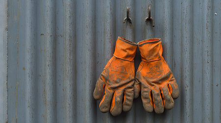 Industrial gloves with orange rubber palms hanging on a hook against a gray metal wall in a workshopの素材
