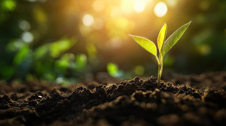 Morning sunlight casting a warm glow over a young seedling growing in fertile earth, ideal for environmental themesの素材