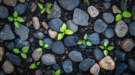 Overhead view of scattered stones with young plants emerging in between, ideal for eco and resilience themesの素材