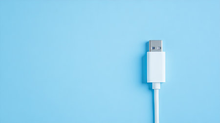 Minimal layout of a USB-C to USB-A adapter and cable on a light blue background with copy space for text overlaysの素材