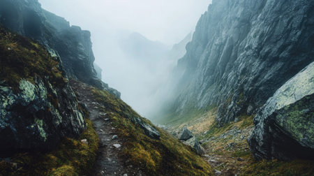 Jagged stone cliffs on the side of a mountain trail with mist filling the valley below, evoking mystery and scaleの素材