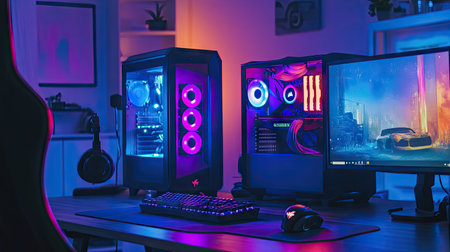Gamer's workspace with a powerful RGB-lit PC tower, headset, and keyboard all glowing in sync on a dark surfaceの素材