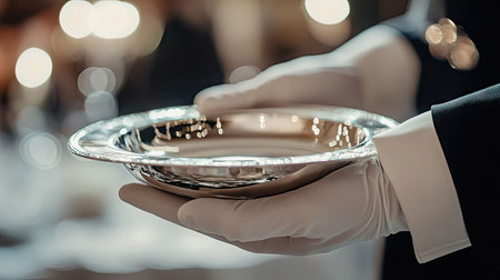Professional waiter's white-gloved hand supporting a gleaming silver dish with sharp focus on texture and shineの素材