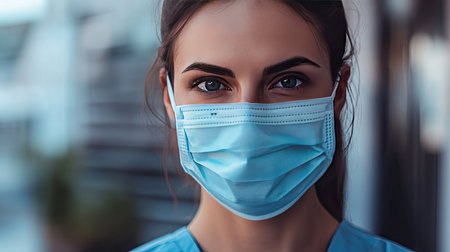 Female healthcare worker wearing a hygienic mask and uniform, symbolizing safety and frontline dedicationの素材