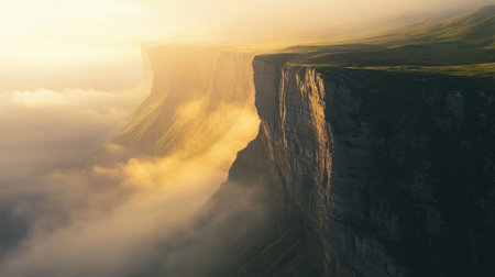 Majestic view of a stone cliff face meeting the edge of a vast mountain valley, filled with golden light and fogの素材