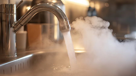 Rising steam from warm water as it flows from a faucetの素材