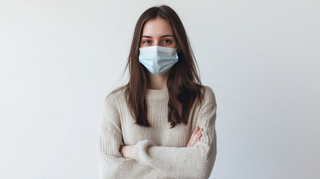 Portrait of a woman wearing a medical mask, standing confidently against a plain white backgroundの素材