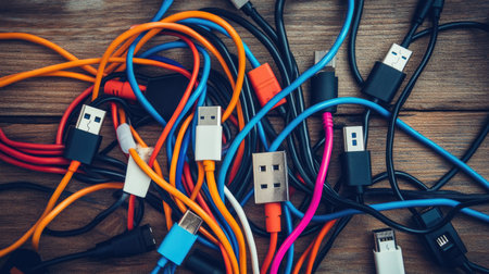 Flat lay of multiple USB cables tangled together on a wooden surface, representing digital clutter and daily tech useの素材