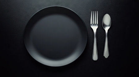 Empty dinner plate with fork and spoon crossed beside it, all placed on a deep black surface with soft lightingの素材