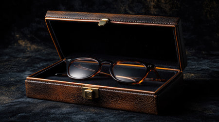 Luxury leather eyeglasses box slightly open with premium glasses visible, set against a dark velvet backgroundの素材