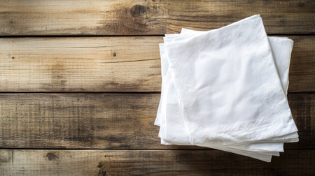 Neatly folded white paper napkins placed on a clean wooden background, ideal for dining or restaurant themesの素材