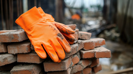 Orange rubber gloves placed on a stack of bricks in a construction area, conveying rugged outdoor laborの素材