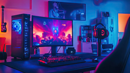 Gamer's workspace with a powerful RGB-lit PC tower, headset, and keyboard all glowing in sync on a dark surfaceの素材