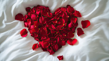 Fresh rose petals in a heart shape on a white comforter, perfect for Valentine's Day, proposals, or romantic gesturesの素材