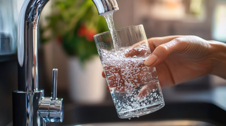 Pure, clear water flows into a glass held by a woman's hand under a faucetの素材