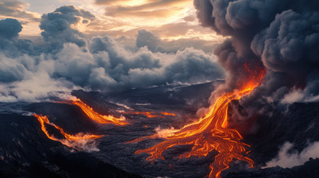 Large clouds of steam and smoke above a volcano, with rich orange flows of lava descending toward the valleyの素材