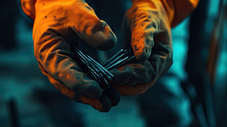 Gloved hands holding construction nails, with orange rubber palms visible against a dark industrial backgroundの素材