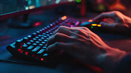 Hands quickly moving over mechanical keyboard keys while the mouse hovers during an intense gaming sessionの素材