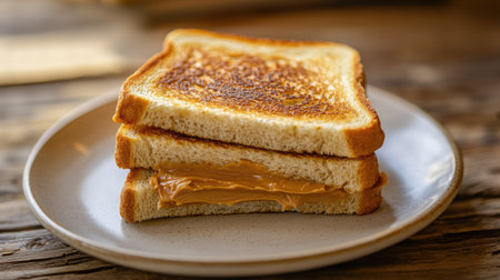 Golden-brown toast with a generous layer of peanut butter, ready to be tasted, presented in high resolutionの素材
