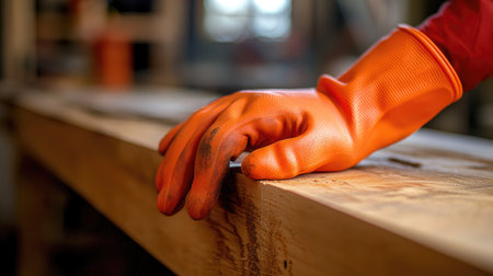Orange-rubber gloves gripping a wooden plank, captured during woodworking activity with shallow depth of fieldの素材