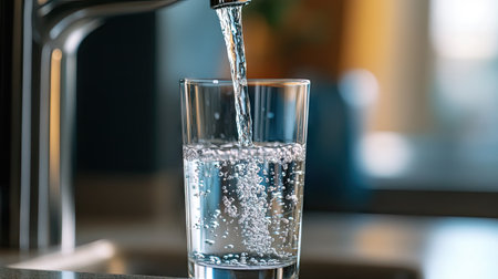 Filling a glass to the rim with water from a modern tap, emphasizing purity and simplicityの素材