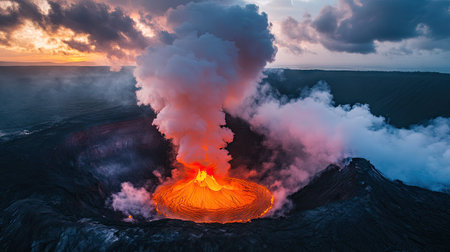 Large clouds of steam and smoke above a volcano, with rich orange flows of lava descending toward the valleyの素材