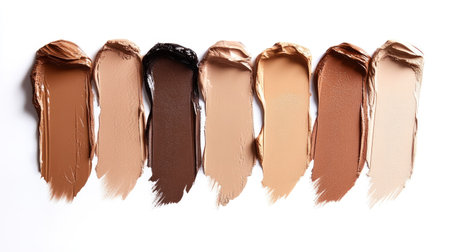 Multiple foundation smears in a range of skin tones, isolated against a white background for color comparisonの素材