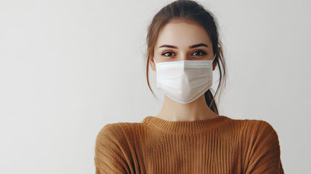 Portrait of a woman wearing a medical mask, standing confidently against a plain white backgroundの素材