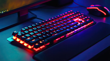 RGB gaming keyboard and mouse glowing in the dark, set up on a sleek desk ready for intense gaming actionの素材
