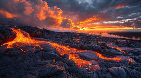 Lava flow against a dramatic sunset, adding a rich orange glow to the clouds aboveの素材