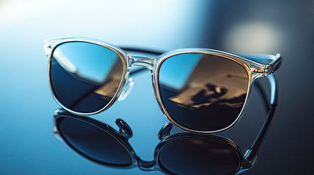 Folded sunglasses with mirrored lenses placed neatly on a glossy black table, emphasizing luxury and high-end styleの素材