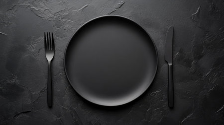 Minimalist table setup with a plate, knife, and fork on a black surface, ideal for food service or hospitality promotionsの素材