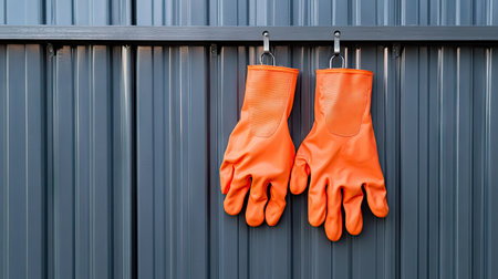 Industrial gloves with orange rubber palms hanging on a hook against a gray metal wall in a workshopの素材