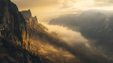 Majestic view of a stone cliff face meeting the edge of a vast mountain valley, filled with golden light and fogの素材