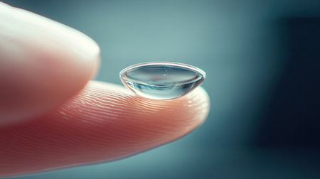 Macro shot of a contact lens balanced on the fingertip with an open case in the blurred backgroundの素材