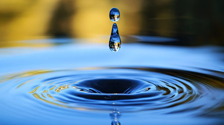 Large water droplet striking a liquid surface, sending up a dramatic reflectionの素材
